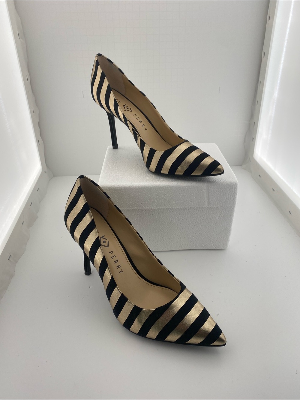 Katy Perry Collections Black and Gold Striped Pointed-Toe Heels